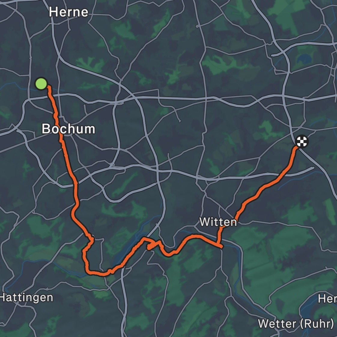 Kartenausschnitt der 30,75-km-Wanderung von Bochum über Witten bis vor Dortmund