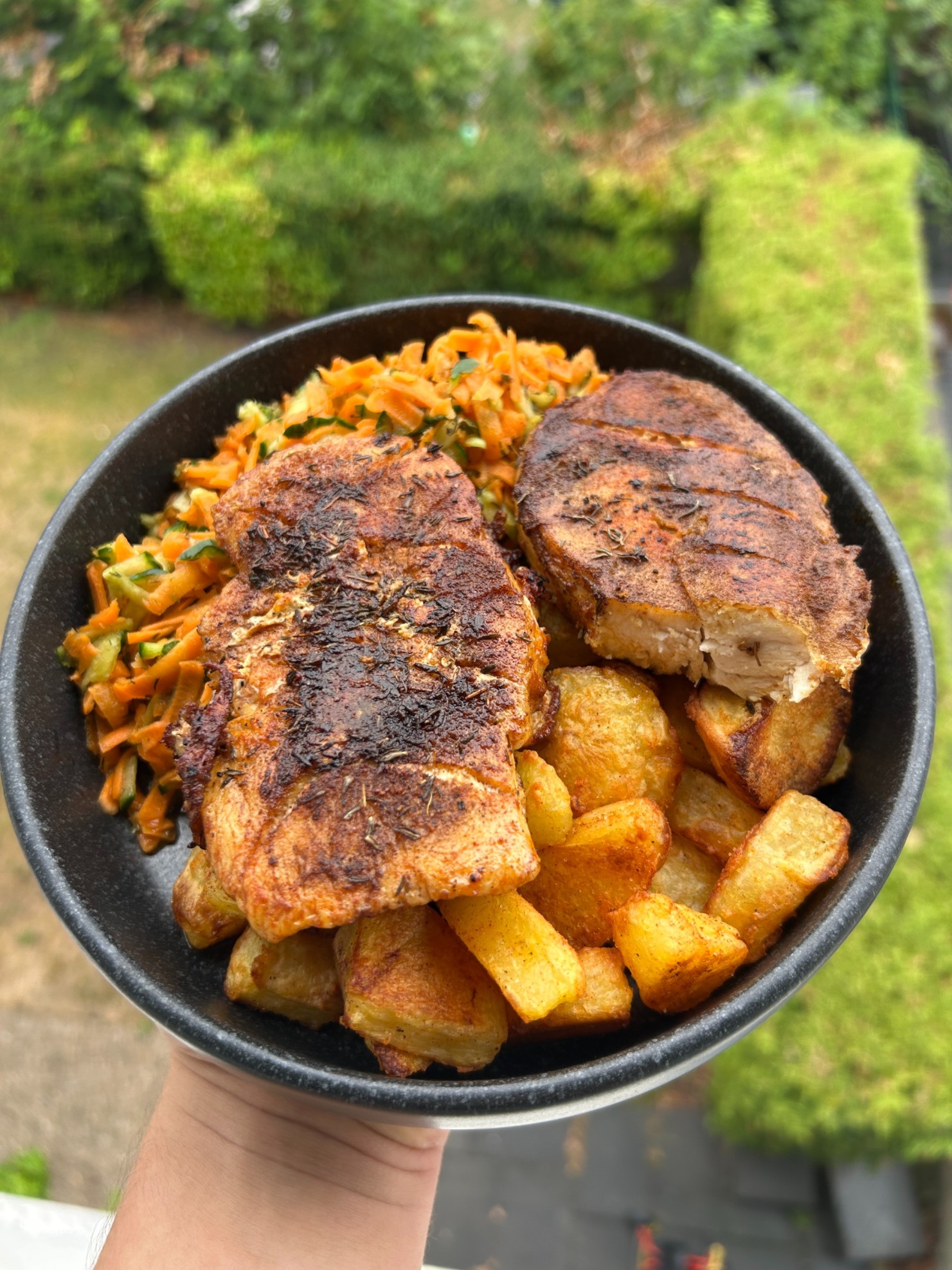 Selbst gekochtes Gericht in einer Schüssel: zwei gebratene Hähnchenbrüste mit Kräutern, Bratkartoffeln und ein Salat aus geraspelten Karotten und Zucchini